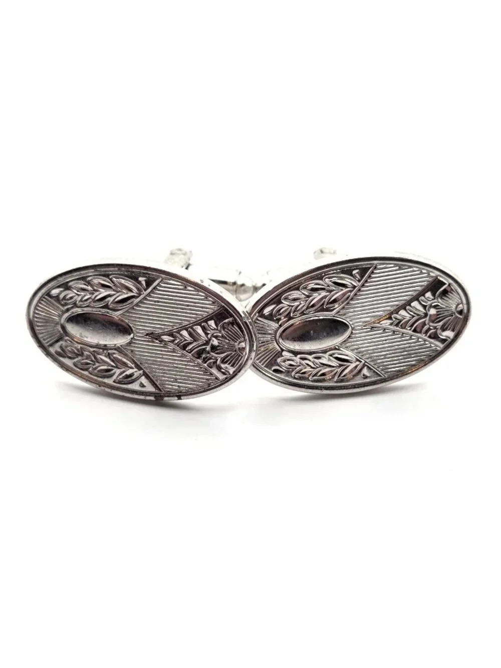 Vintage Silver-Tone Oval Cufflinks With Etched Art Deco Design